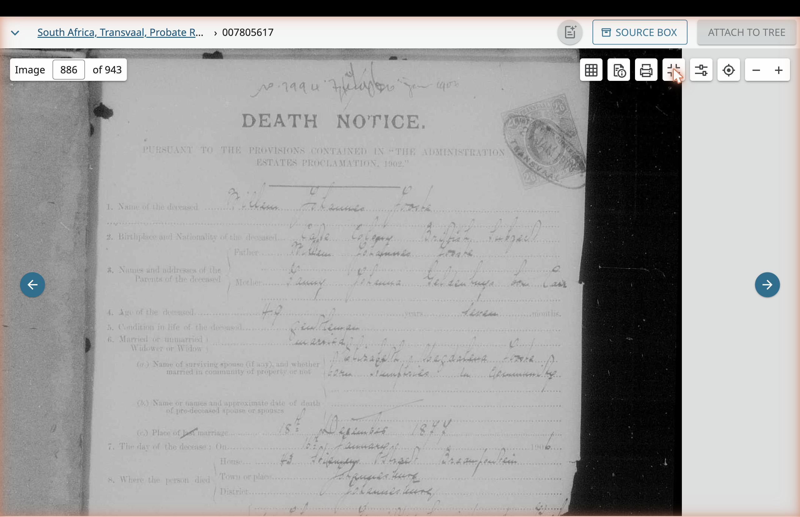 Zoomed view of the upper portion of the Death Notice form, fields 1 through 7, with handwritten responses.