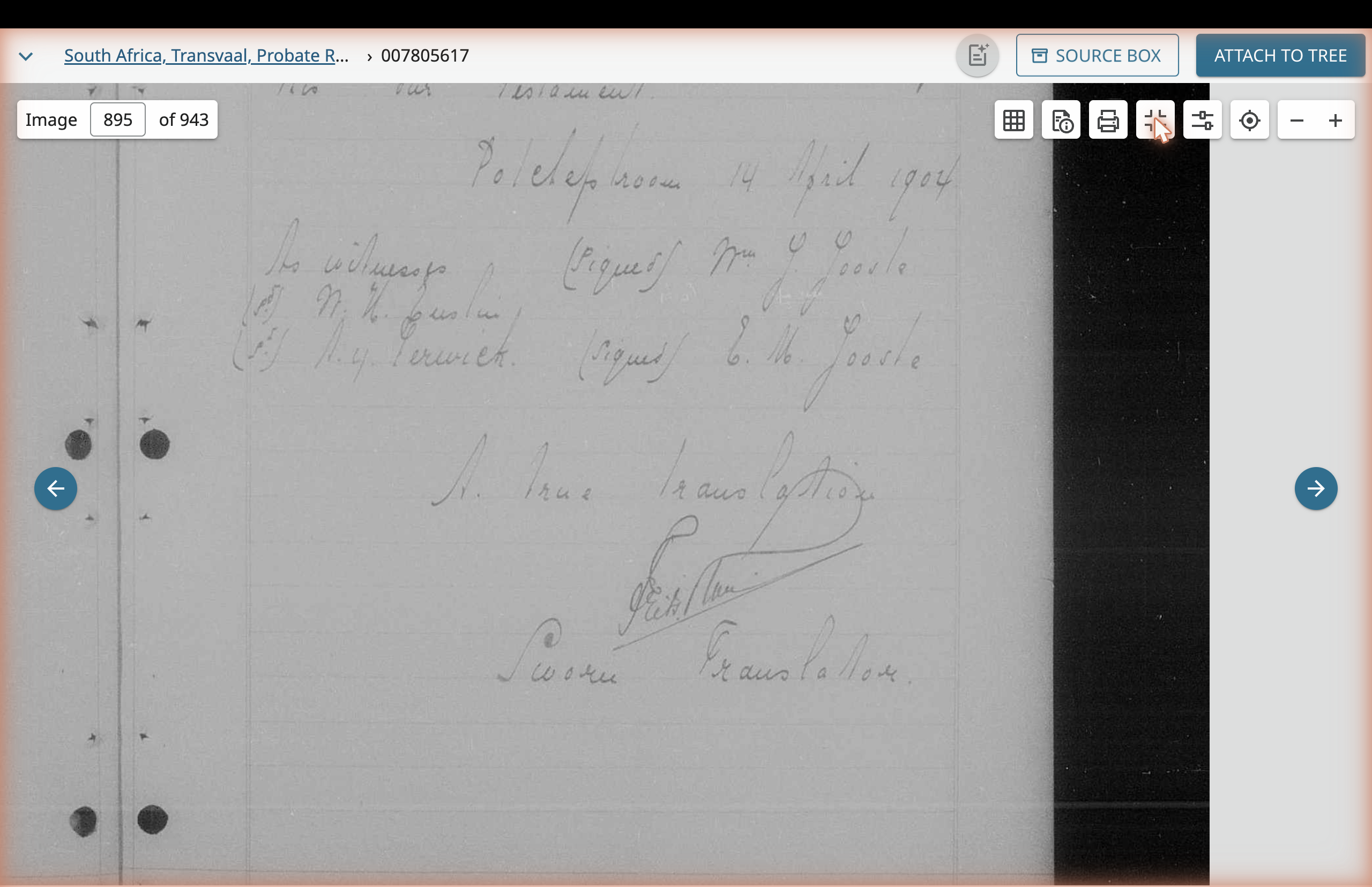 Detail of the codicil date and signatures: Potchefstroom 4 April 1894, signed by Wm. J. Jooste and E.M. Jooste, with sworn translation marking.