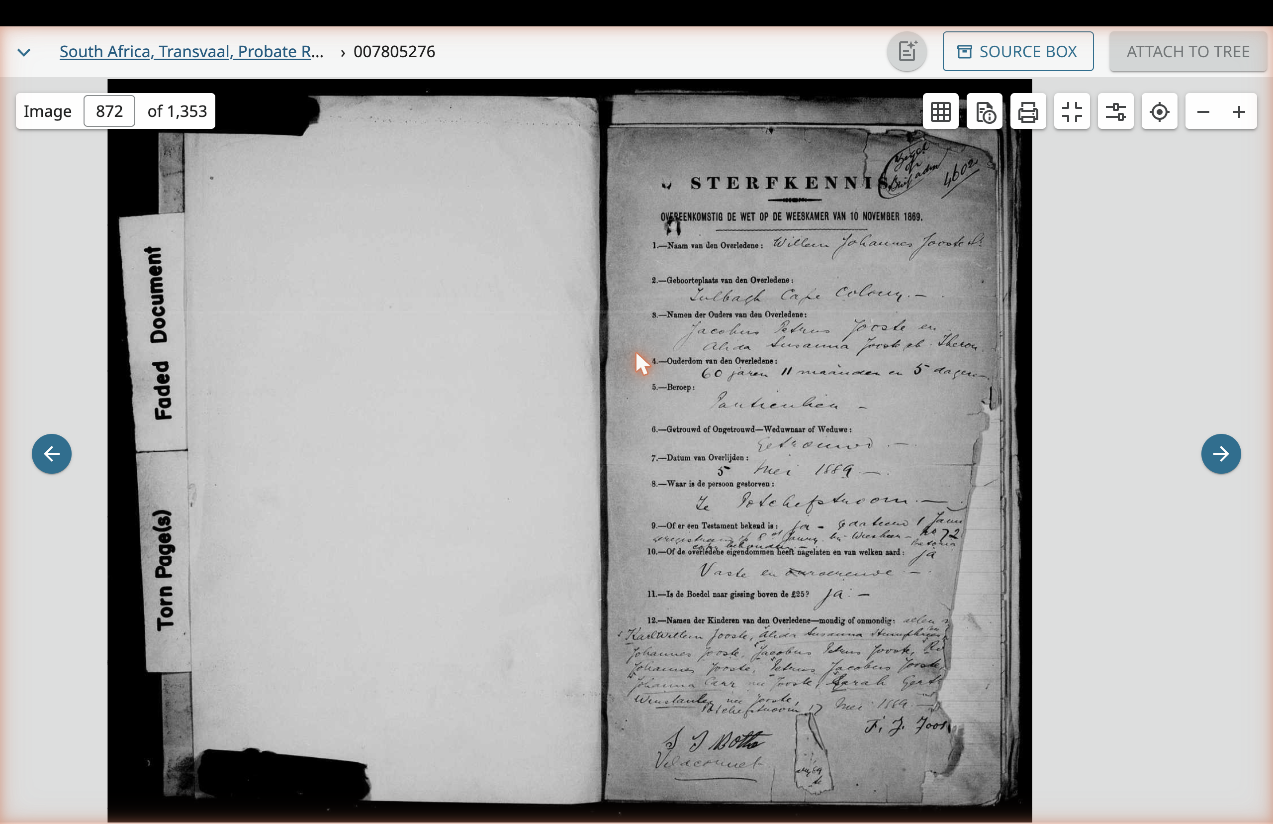The Sterfkennisgewing for Willem Johannes Jooste Sr, image 872 of the file. The printed Death Notice form completed two days after the deceased's death by his widow Frances Johanna Carr.