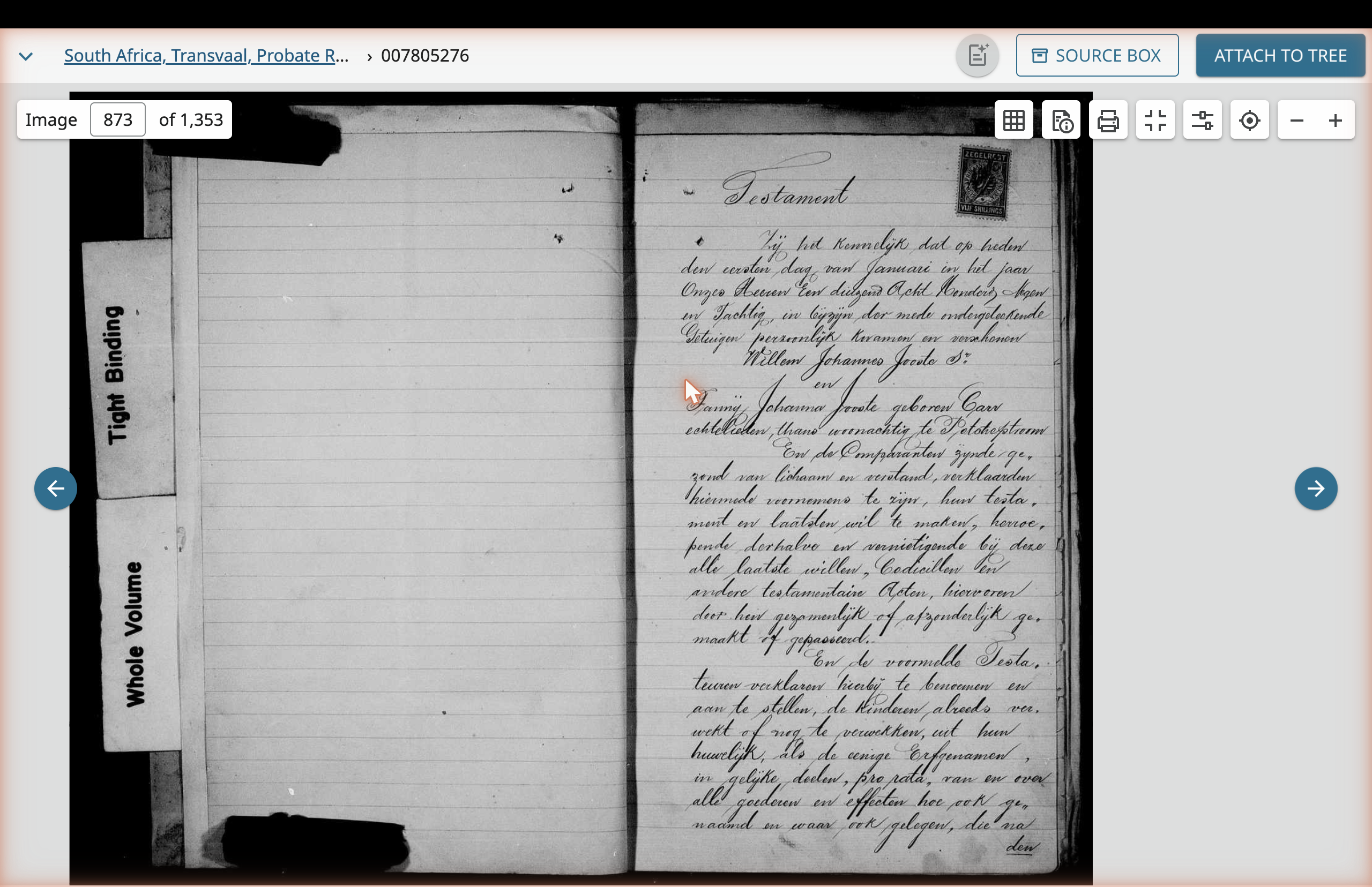 The Testament opening, image 873. The handwritten Joint Will of Willem Johannes Joost Sr and Fanny Johanna Joost geb. Carr, executed at Worcester, Cape of Good Hope, on 1 January 1889 — five months before G5's death.