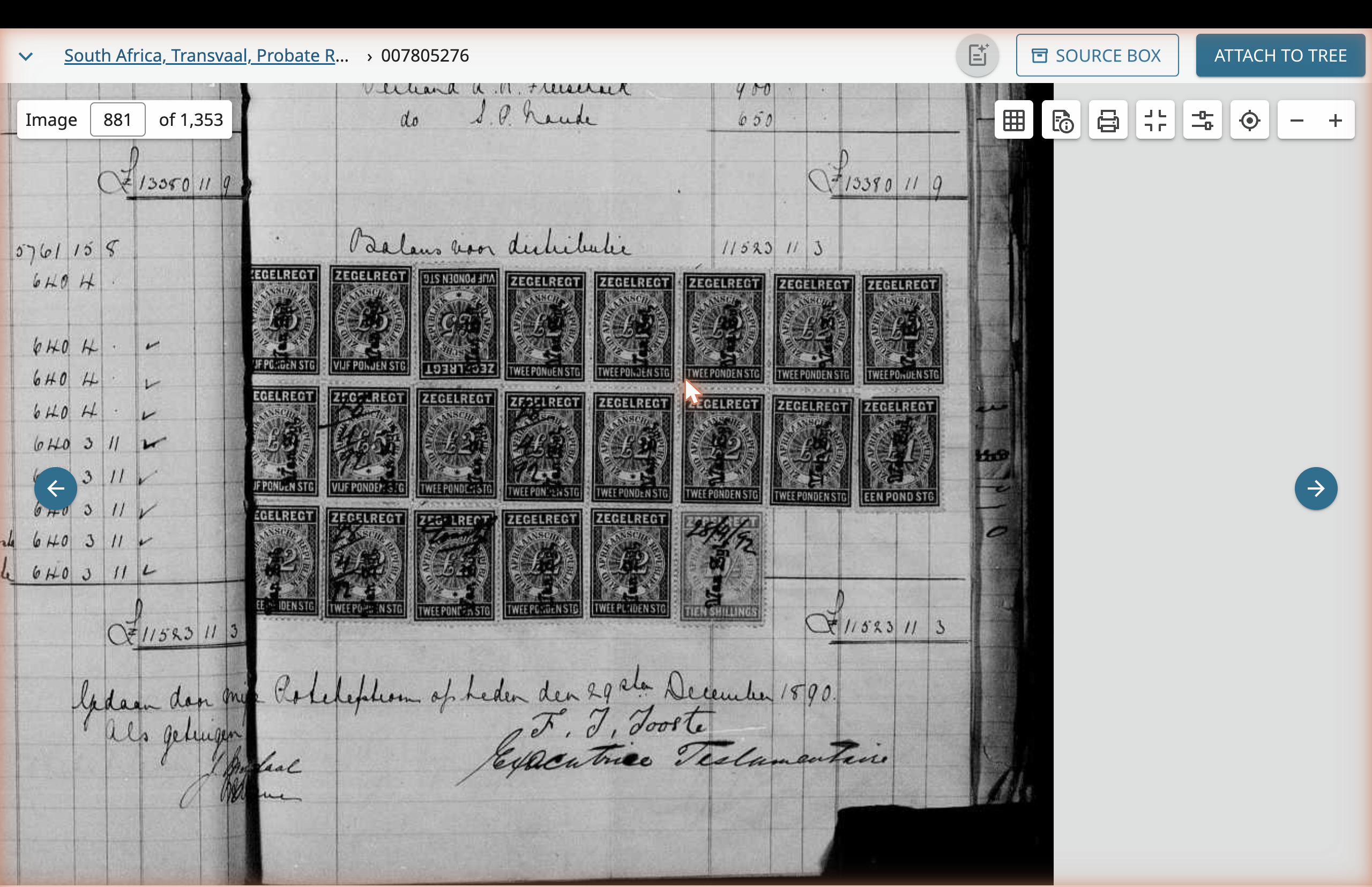 The Final L&D Account closing page, image 881. Revenue stamps from the Z.A. Republiek mark the final Balans voor distribusie at £11,583 11s 3d.