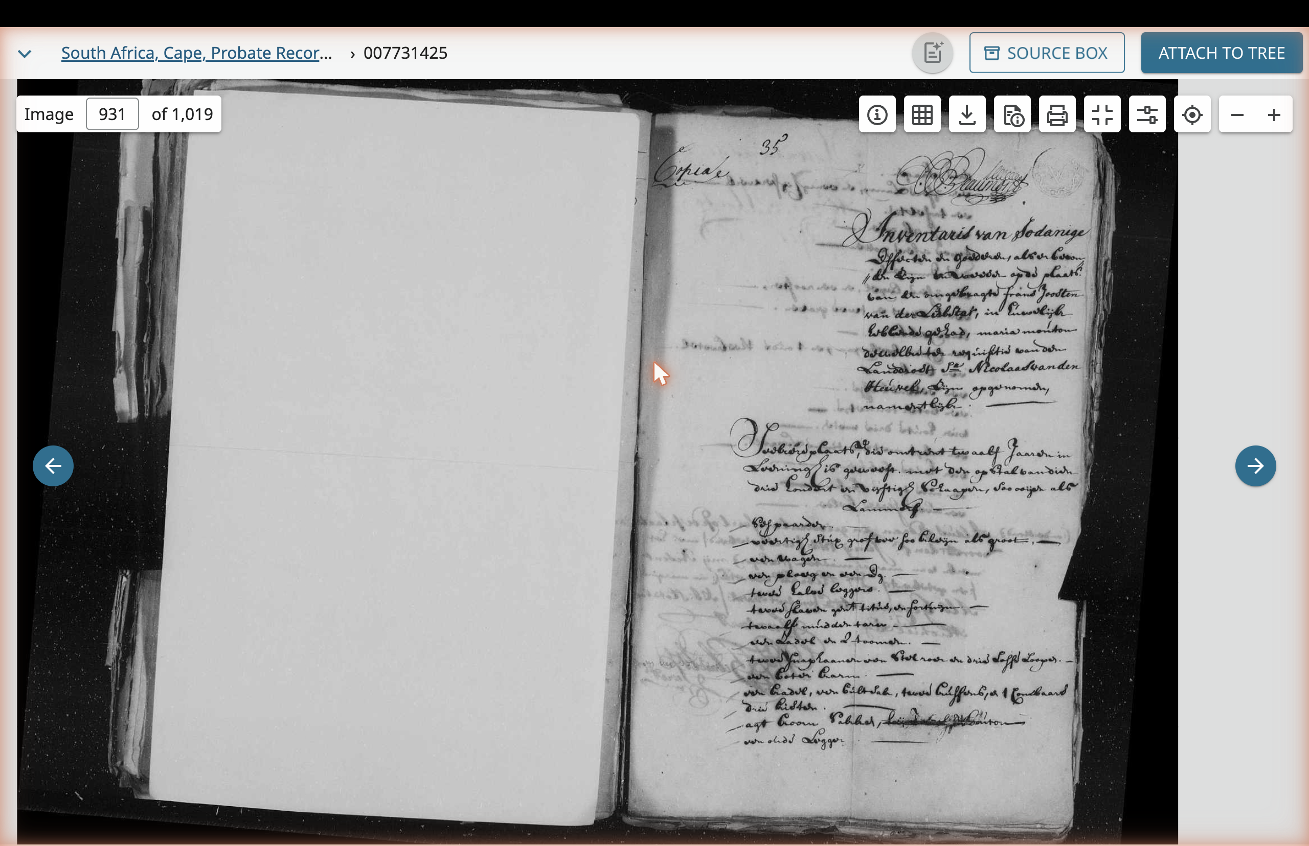 Image 931 full spread — left page blank verso, right page Frans Joosten inventory opening